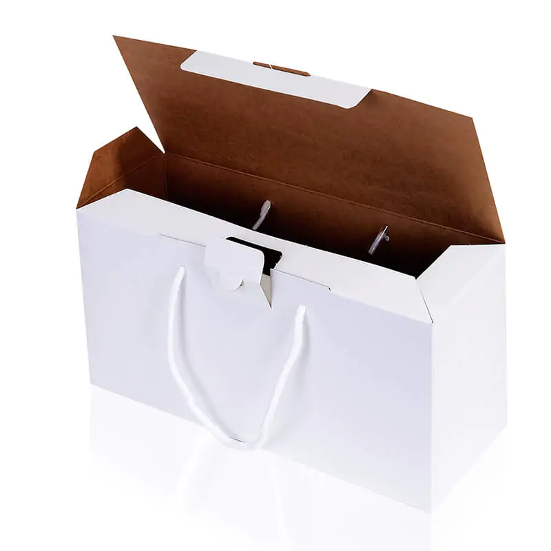 Brown white paper lunch box with white rope handle