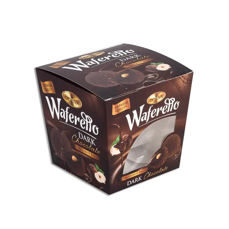 Brown chcolcote box with clear window that says waferello