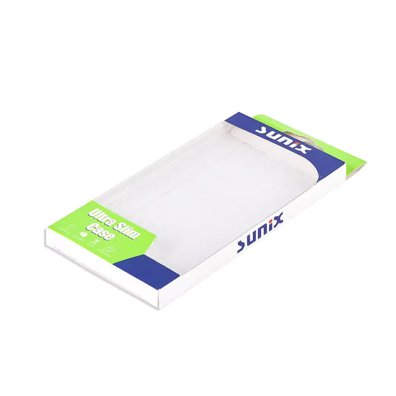 Phone case packaging box with clear window that says sunix