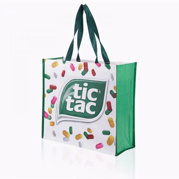 photo printing pp woven bag Full colour printed glossy pp-woven with green handle tote bag that says tic tac
