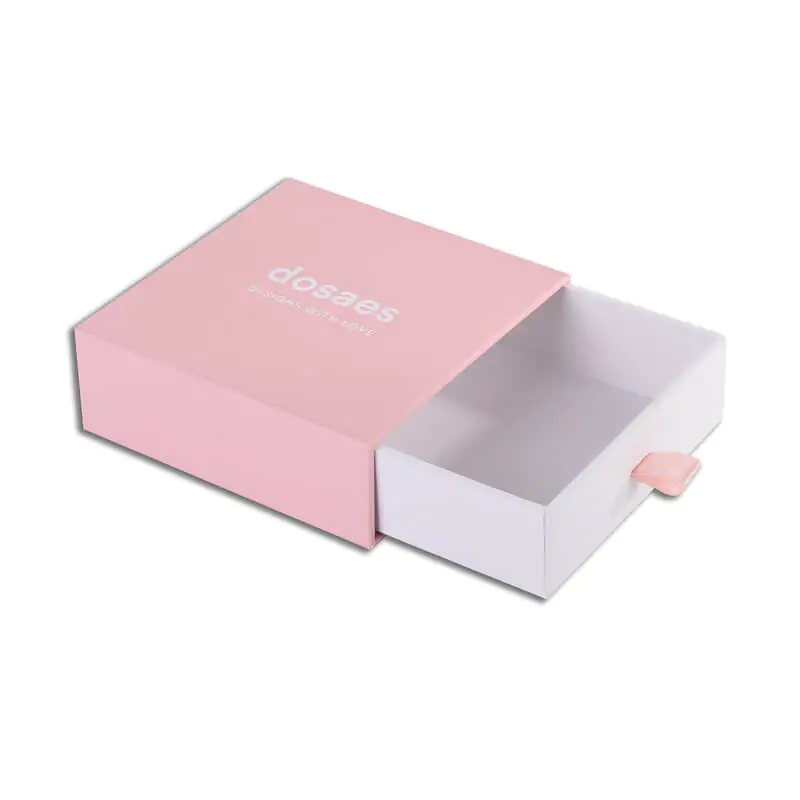 Light pink drawer style igid gift box with pull our ribbon