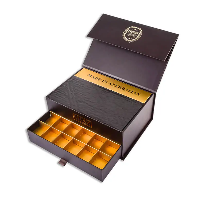 Magnetic closure brown drawer style chocolate box with cushion ped and gold matallic lamination insight