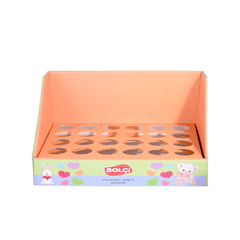 Orange paperboard counter display with small holes