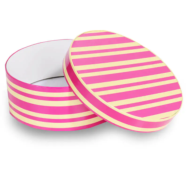 Pink handmade round rigid box with yellow stripes