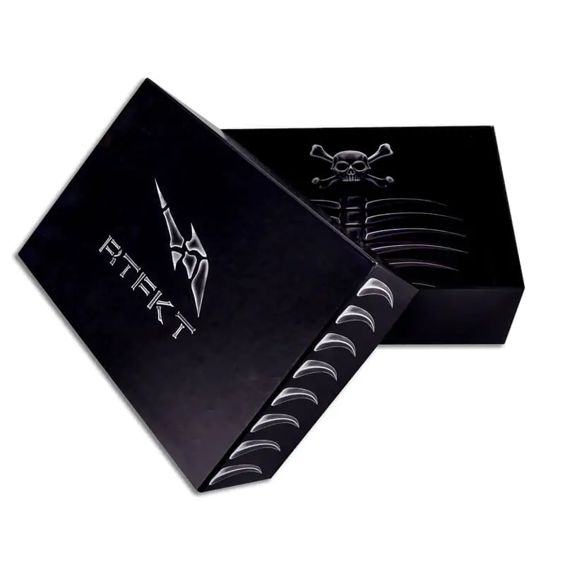 Black printed two piece rigid shoe box that says rtfkt
