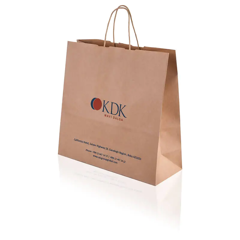 Twisted paper handle brown kraft paper bag that says kdk