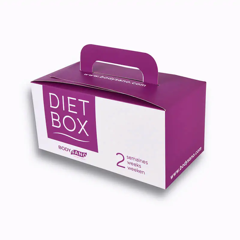 Matt laminated purple paper luch box that says diet box
