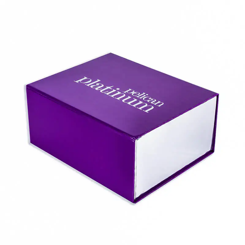 Purple magnetic closure setup rigid gift box with silver metallic lamination that says pelican platinum