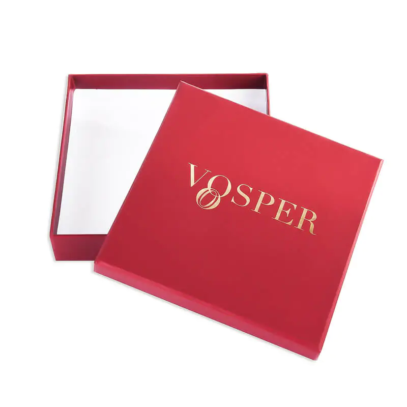 Two piece burgundy rigid gift box with hot foil printing that says voosper