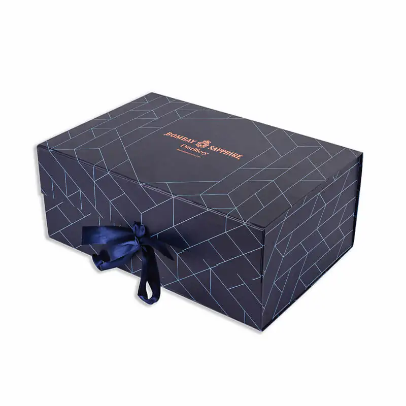 Dark blue flat fold magnetic gift box with satin ribbon closure, bronze hot foil and spot uv