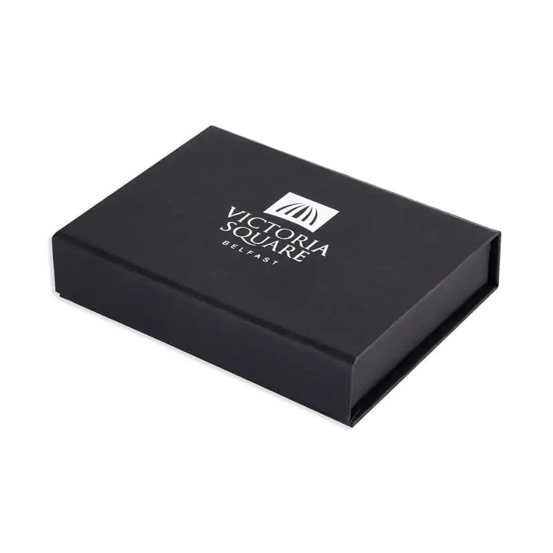 Blac unocated rigid paper gift box with silver hot foil stamping that says victoria square