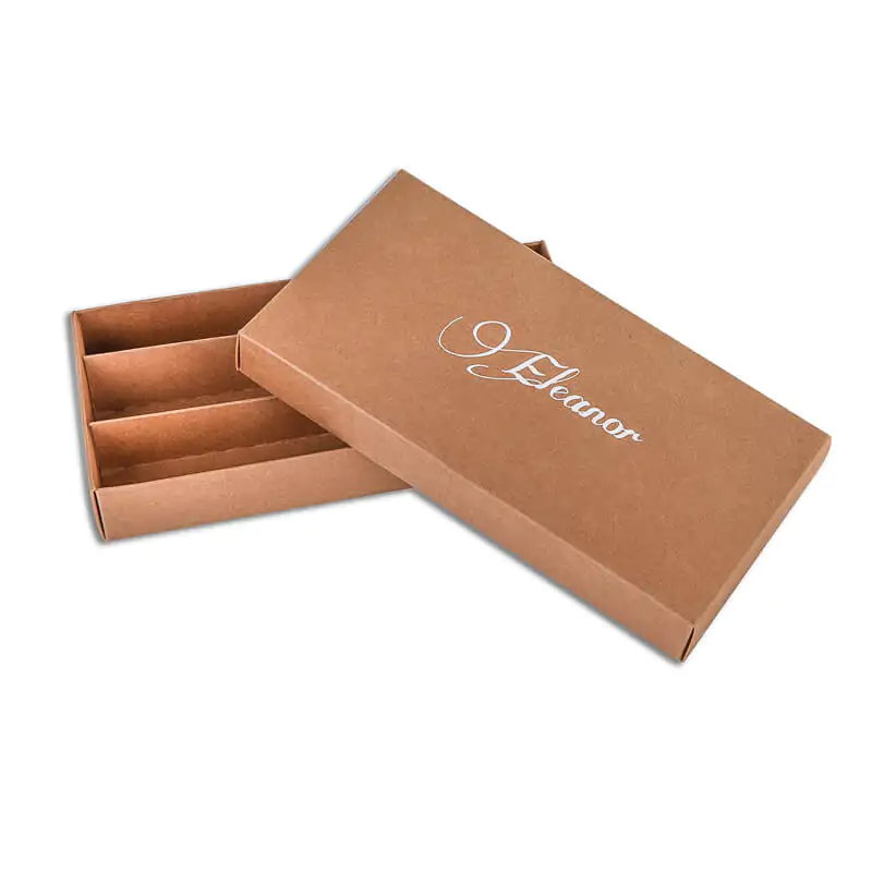 Brown kraft two piece box with insert and white screen uv printing that says elenor