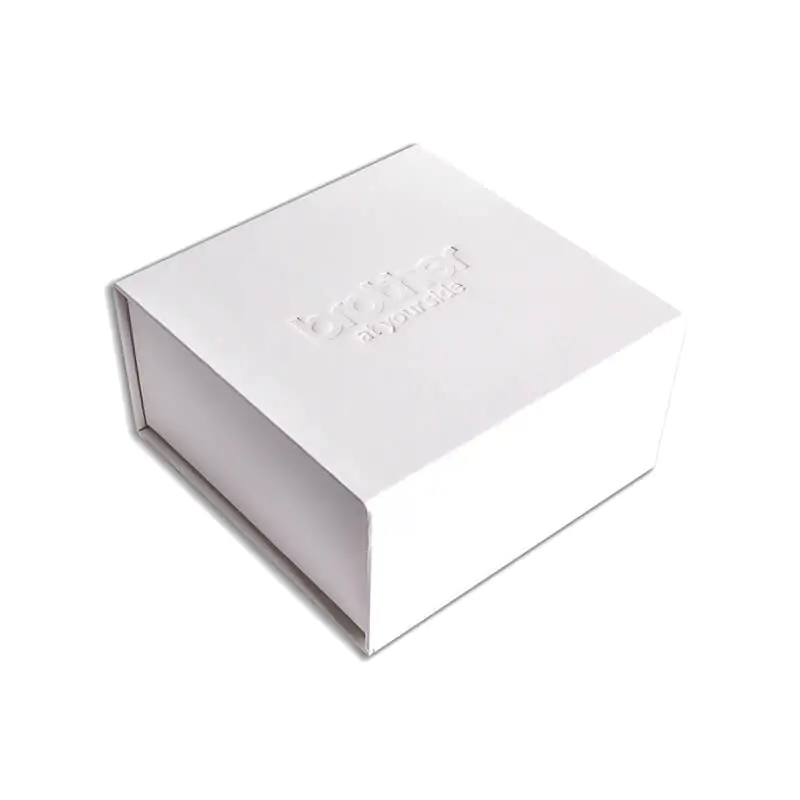 White unprinted magnteic closure presenttaion box with ldebossing logo on it that says brother